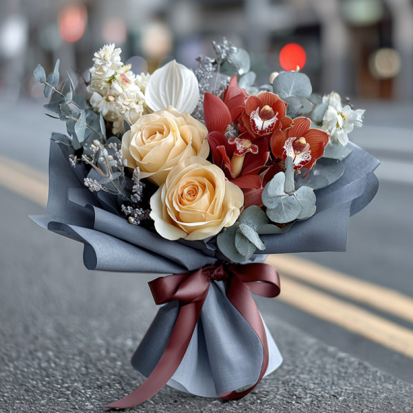 Golden Echo — Pale Yellow Roses and Red Orchid Whispers